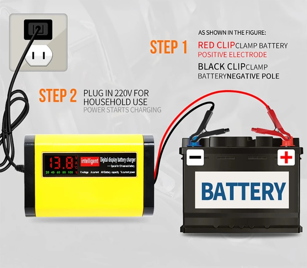 Cargador de batería de coche de arranque, adaptador de carga rápida con pantalla LCD, 12V, 2A, para Agm Gel VRLA, batería de plomo ácido, CA 110V,