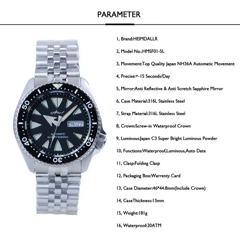 HEIMDALLR orologi subacquei sportivi da uomo orologio automatico da uomo orologio da polso meccanico impermeabile da 200 m orologio super luminoso in acciaio inossidabile