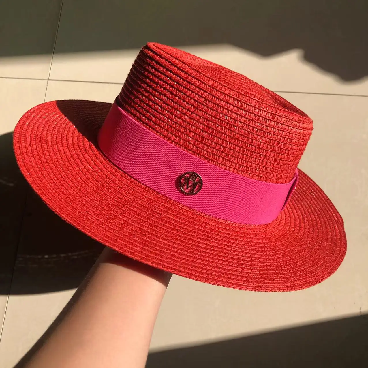 Macaron color straw hat M logo sun hat new bumpy hat top Korean fashion elastic ribbon top hat beach hat candy color sun hat