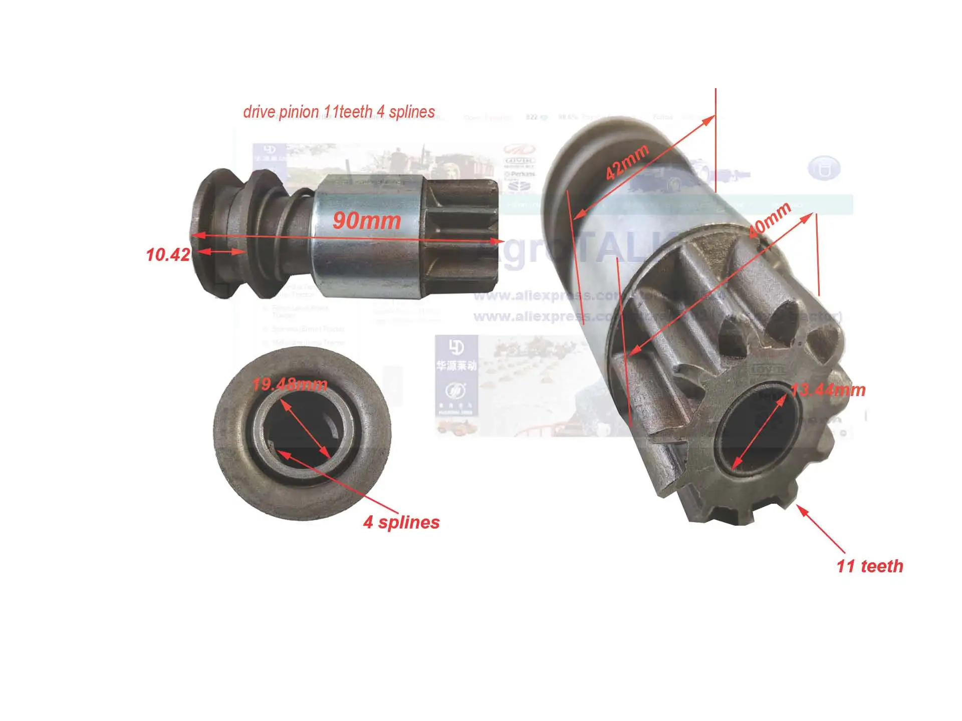 drive pinion for starter motor, 90mm in height, 11teeth 4 splines or 11teeth 12 splines as choices