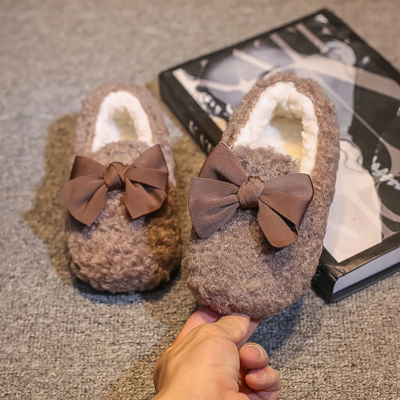 2021 Winter Cute Kids Comfortable Baby Warm Bowknot Shoes Girls House Indoor Plush Slippers 3-6years