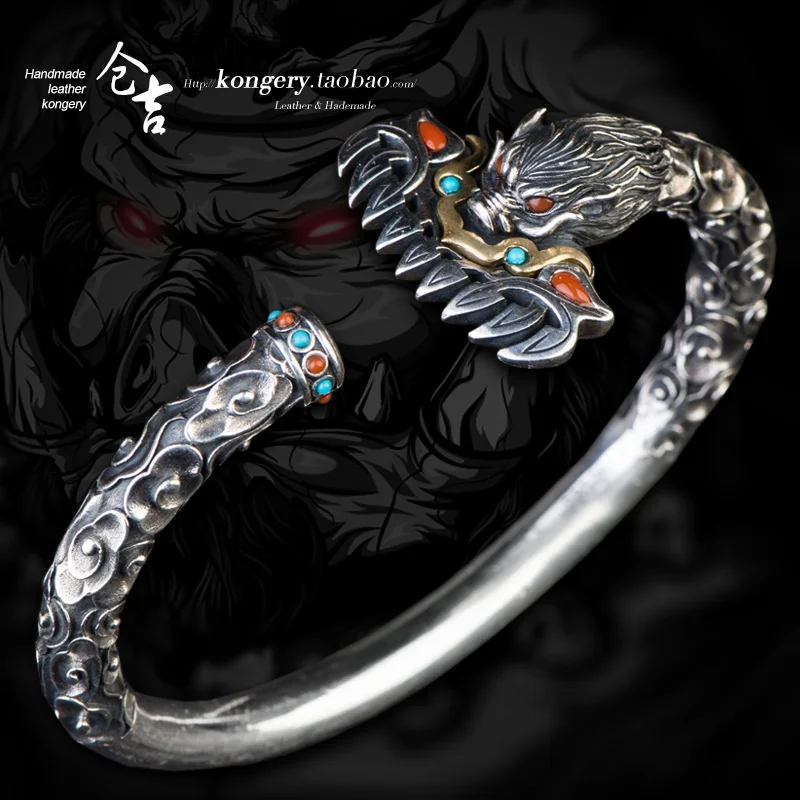 ★Bracelet S925 silver pig eight ring nine tooth rake silver bracelet retro personality domineering open Bracelet