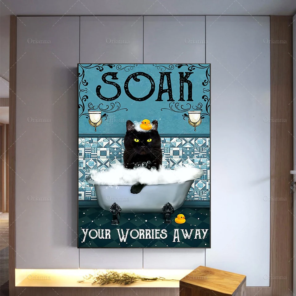 

Cat Poster - Soak Your Worries Away, Black Cat Art Print, Funny Cat Wall Art, Bathroom Decor, Love Cat Artworrk Best Gifts Ever