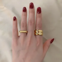 YUN RUO Gold Metal Cold Wind Exaggerated Personality Wide Version 316 L Titanium Steel 18K Gold Plated Index Finger Ring Female
