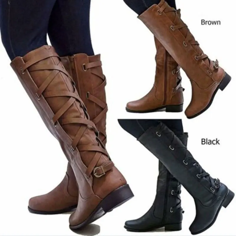 Snow boots warm Women\'s Boots Winter Cross Strap Long Snow Knee High Bootie Cowboy Warm Shoes winter shoes woman Botas Mujr km98