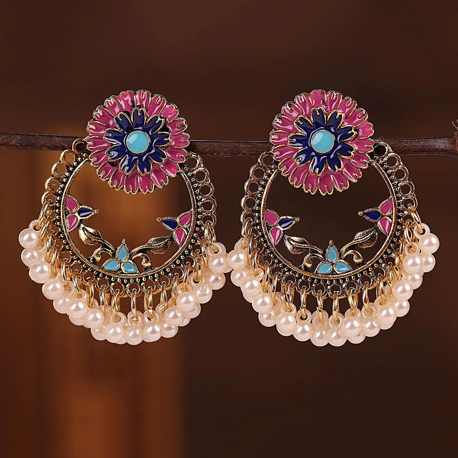 Women's Vintage Ethnic Geometric Flower Earrings Hangers Bohemian Bollywood Pearls Tassel Indian Jhumka Earrings Wedding Jewelry