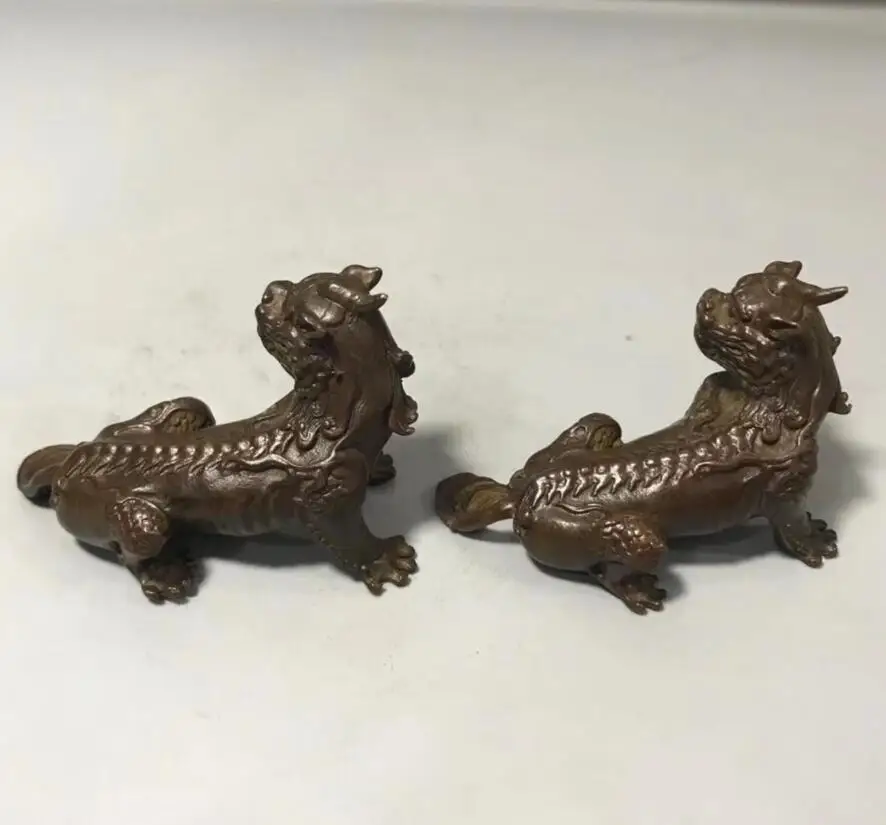 Archaize brass auspicious God beast small crafts statue A pair