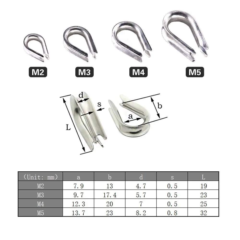 M2-M5,304 Stainless Steel Thimble Aluminum Crimping Loop Sleeve Assortment Kit for Diameter Wire Rope Cable Thimbles Rigging