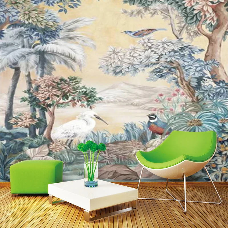 

Custom Mural Wallpaper Oil Painting Style Jungle Flowers And Birds Illustration Background Wall Painting