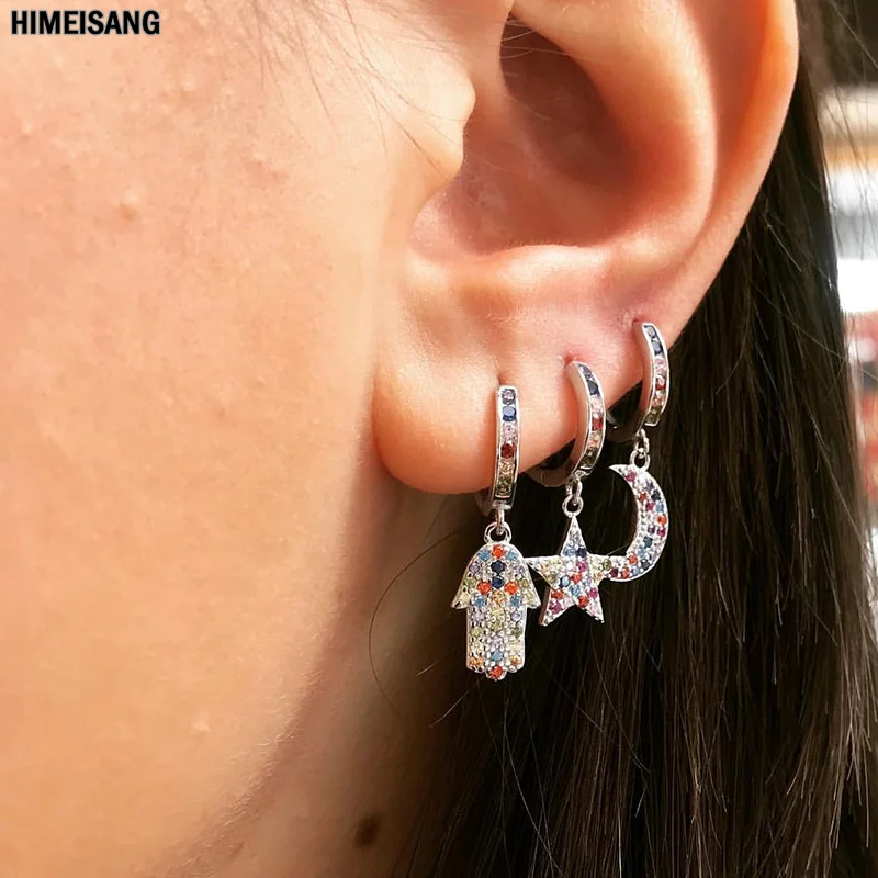 Gold Silver Filled Drop Earring Color CZ Zircon Lucky Hamsa Hand Tar Moon Hoop Earrings for Women Jewelry Accessories Wholesale