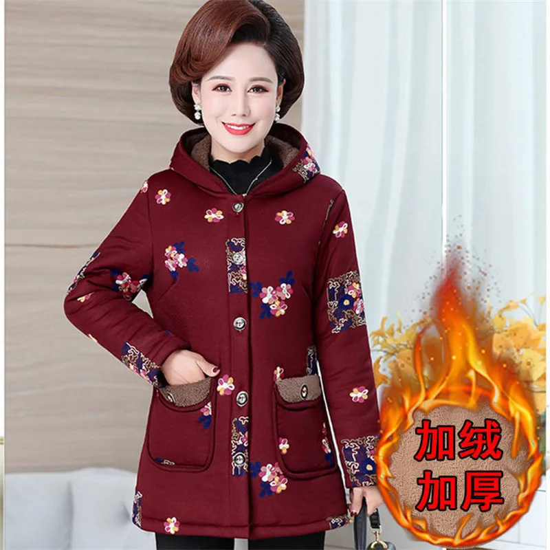 Middle-Aged Elderly Women\'s Winter Cotton Jacket 2025New Mother\'s  Plus Velvet Thick Coat Female Hooded Outwear Printed Overcoat