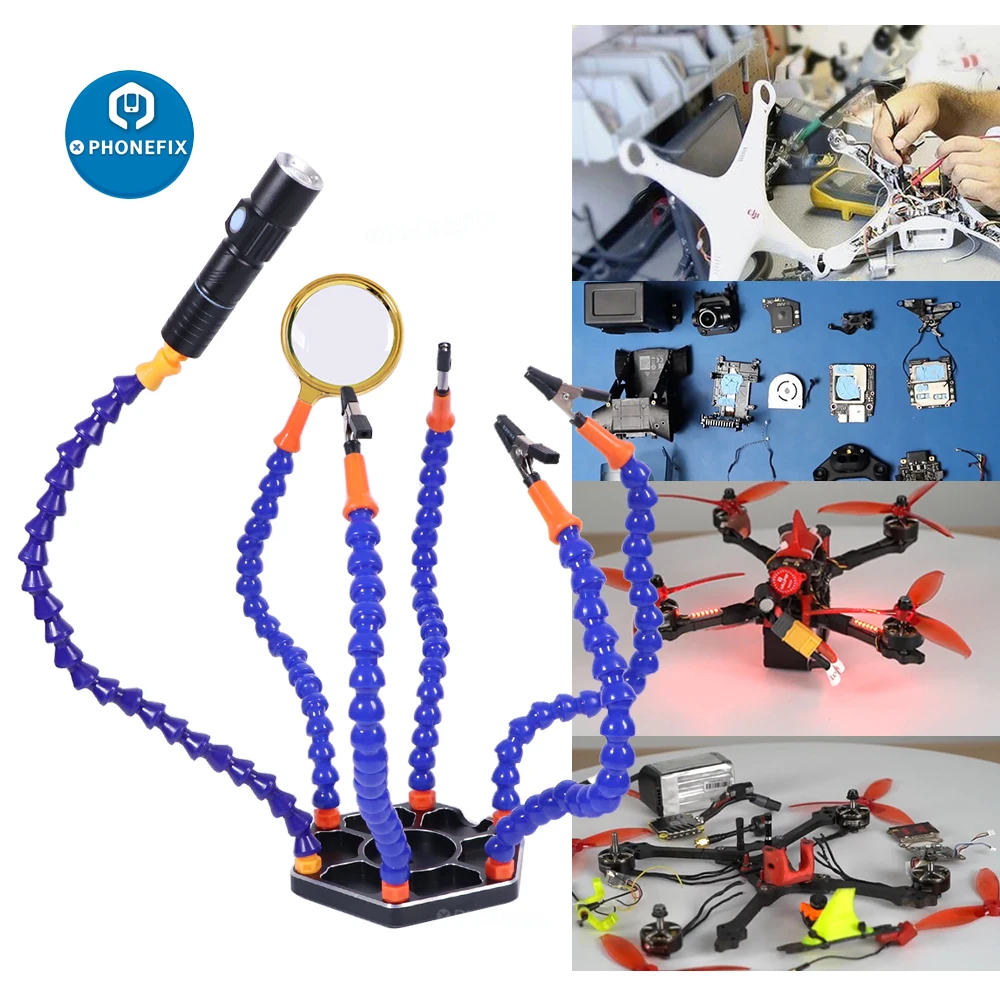 Soldering Helping Hand Third Soldering 6 Flexible Arm Magnifier Soldering Iron Holder PCB Welding Station for RC Drone Repair