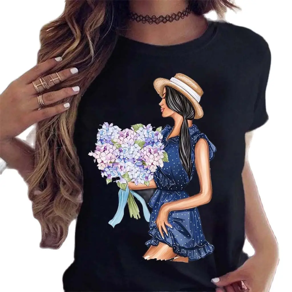 

Flower Heart in the Blue Dress Ladie Hand Printed T Shirt Girl Casual Black Tops 90s Y2K T-Shirt Female Harajuku Graphic T-shirt