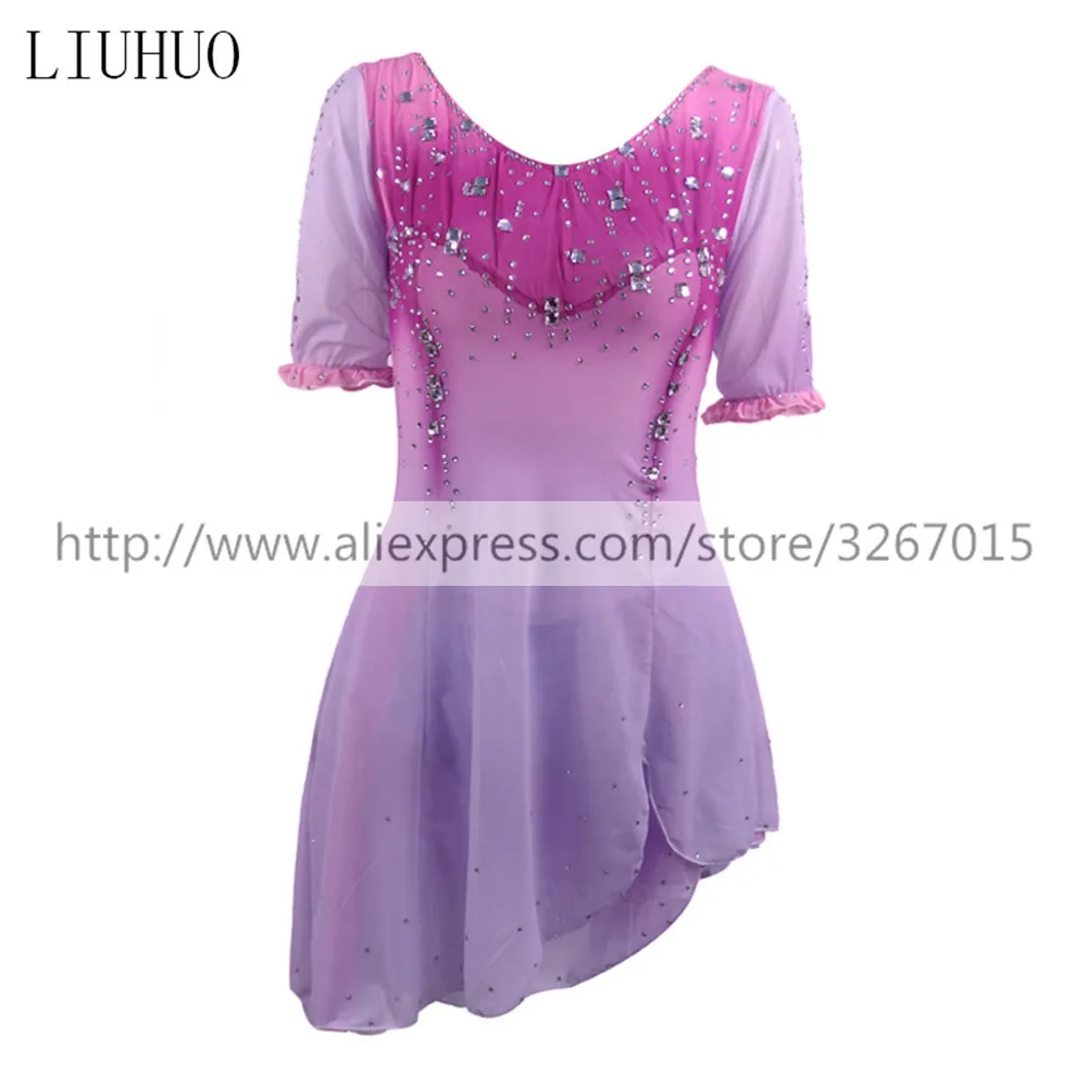 LIUHUO Figure Skating Dress Women's Girls' Ice Skating Performance Rhythmic Gymnastics Competition Violet Short Sleeve Dance