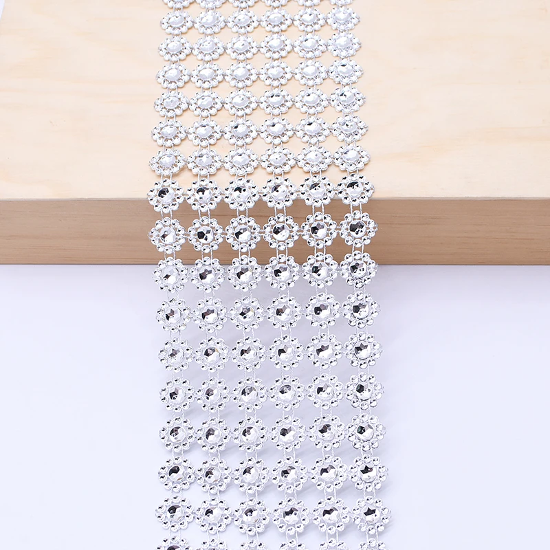 1Yard Silver Sunflower Rhinestone Crystal Ribbon Faux Diamond Ribbon Acrylic Flower Mesh Wrap Tape for Wedding Party Decorations