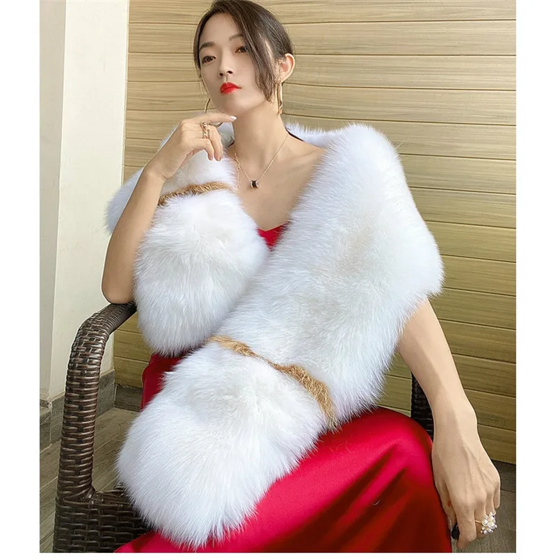 Luxury Real Silver Fox Fur Shawl Winter Cape with Big Pocket Genuine Red Fox Fur Poncho White Fashion New Design Scarf