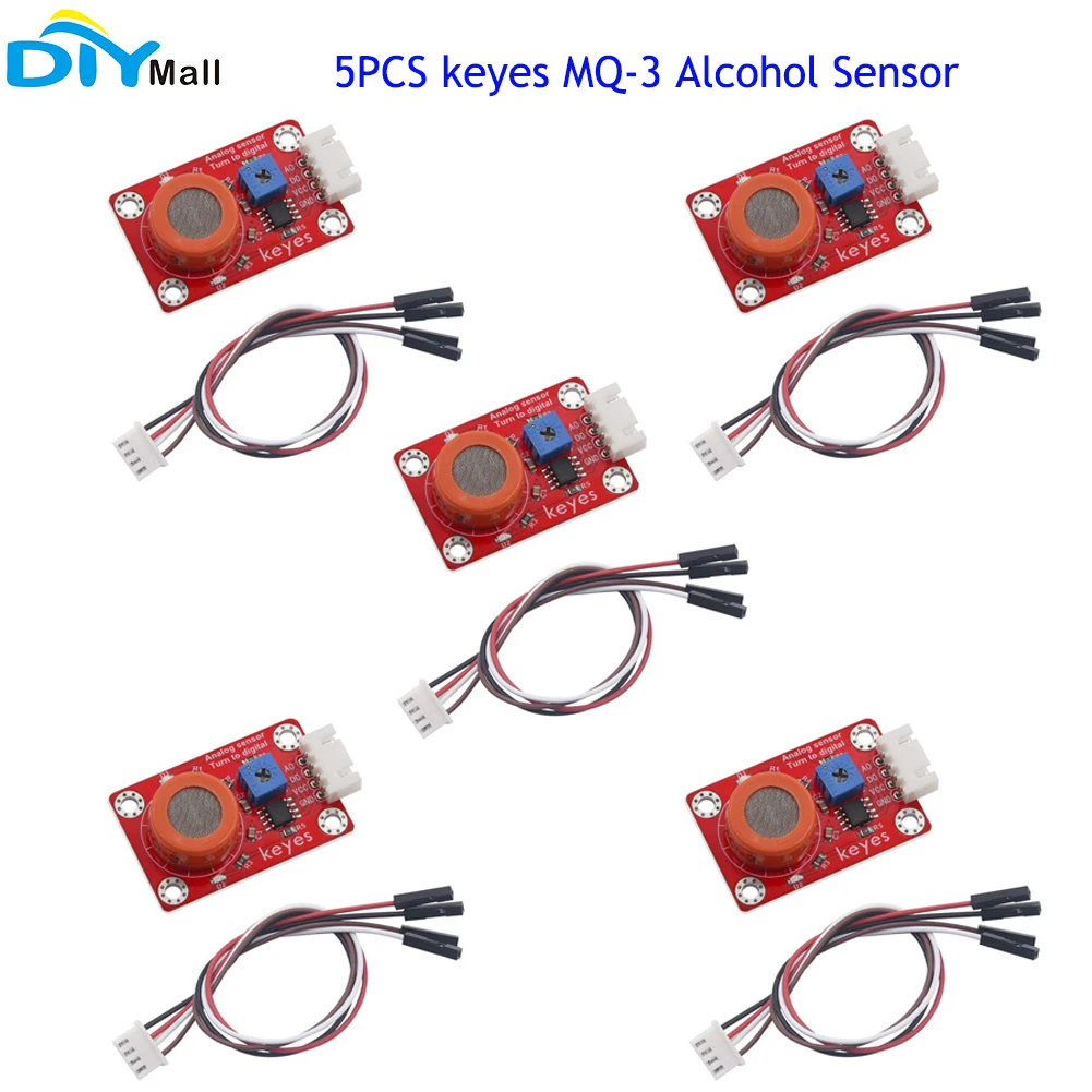 5PCS keyes MQ-3 Alcohol Sensor(Pad hole) with Anti-reverse Plug White Terminal Connect Cable Eco-friendly Red Board for Arduino