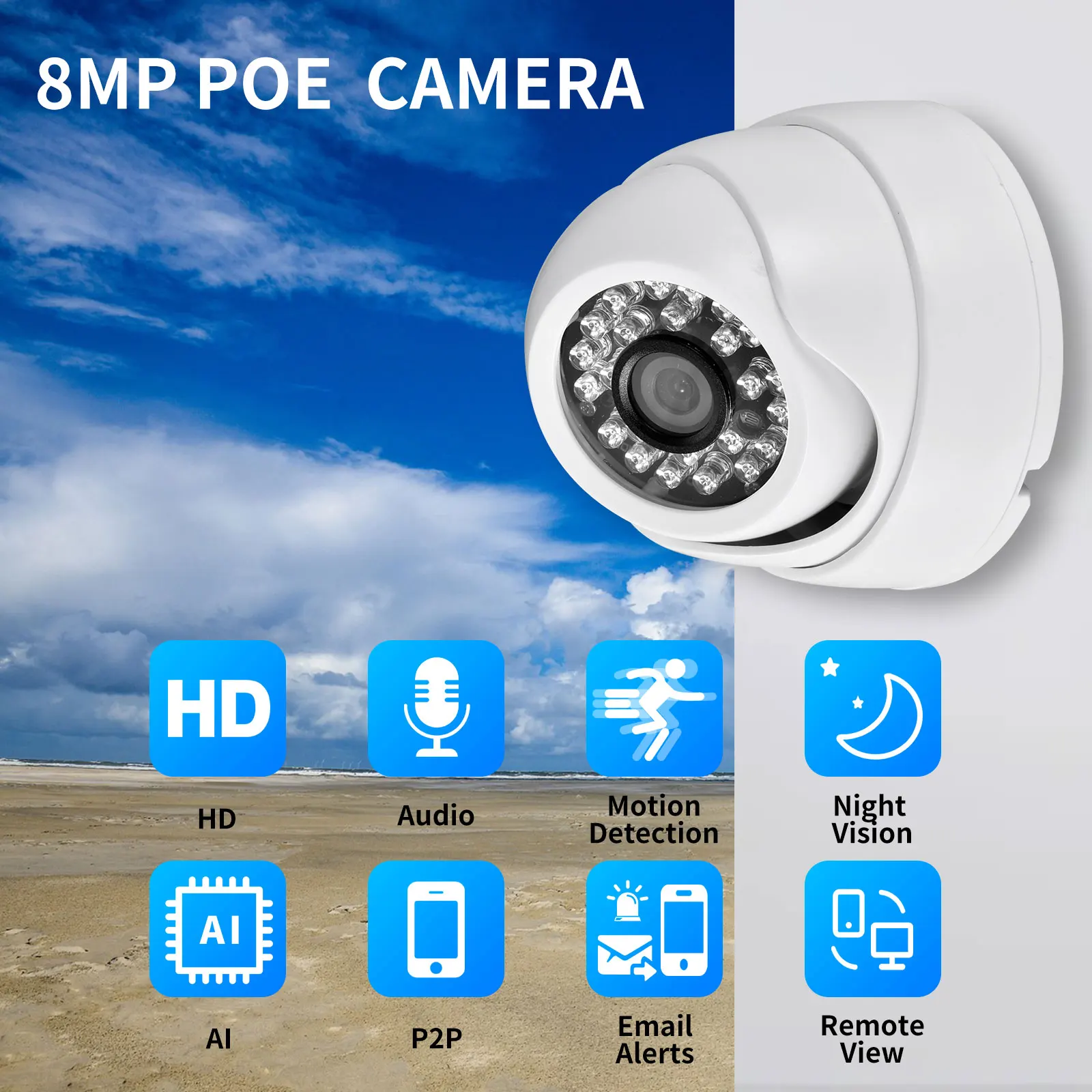 Gadinan IP 카메라 얼굴 감지 실내 오디오 CCTV, 광각 2.8mm 보안 카메라, POE 옵션 XMEye, H.265 + Onvlf 돔, 4K 8MP