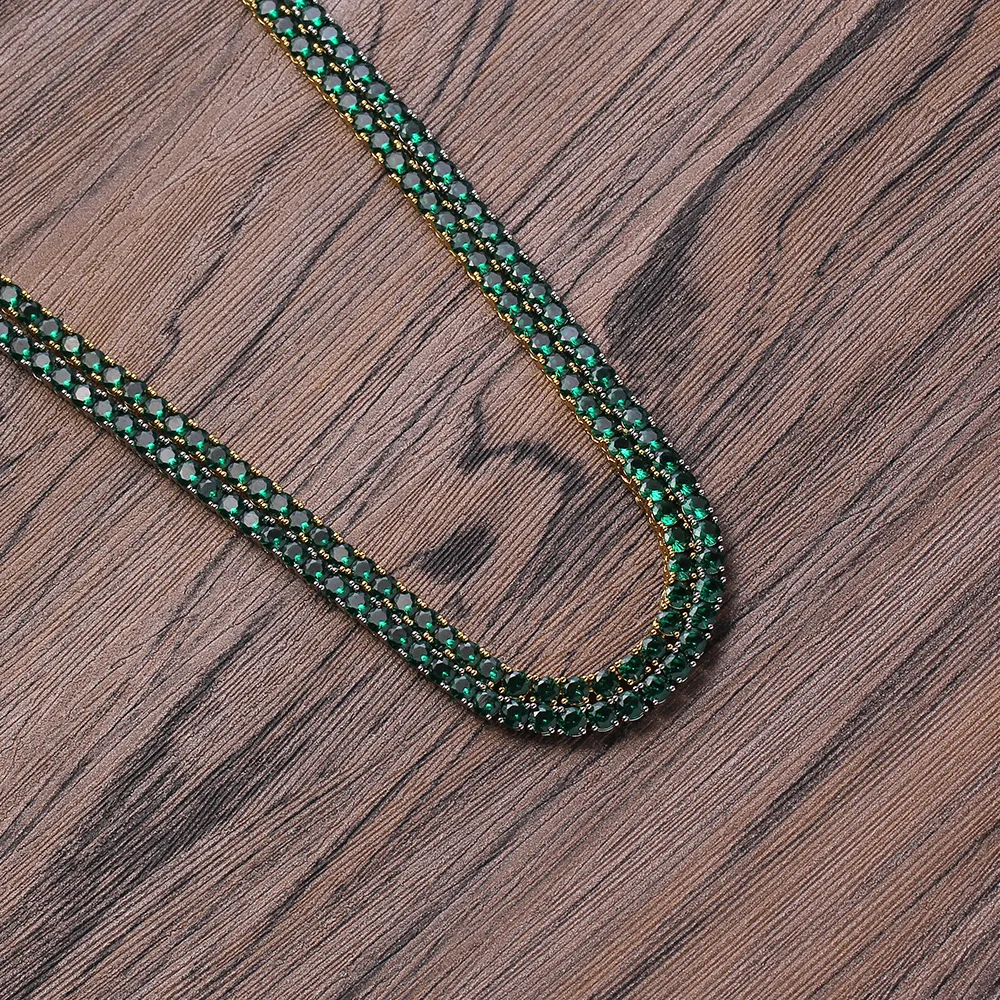 Brass 7-8/18-20 Inch Tennis Necklace/Bracelet Pave 4mm Green Cubic Zirconia Unisex Chains Hiphop Rock Jewelry