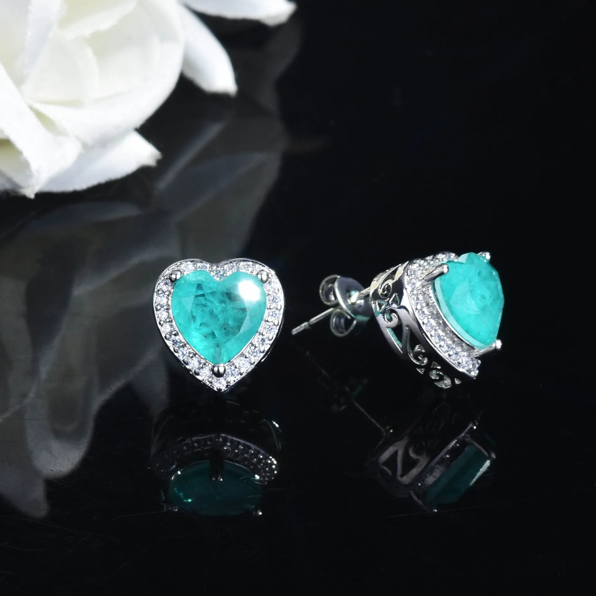 QTT New Luxury  Silver Wedding Jewelry Set Paraiba Tourmaline Stone Love Heart Pendant Necklace Resizable Ring CZ Earrings