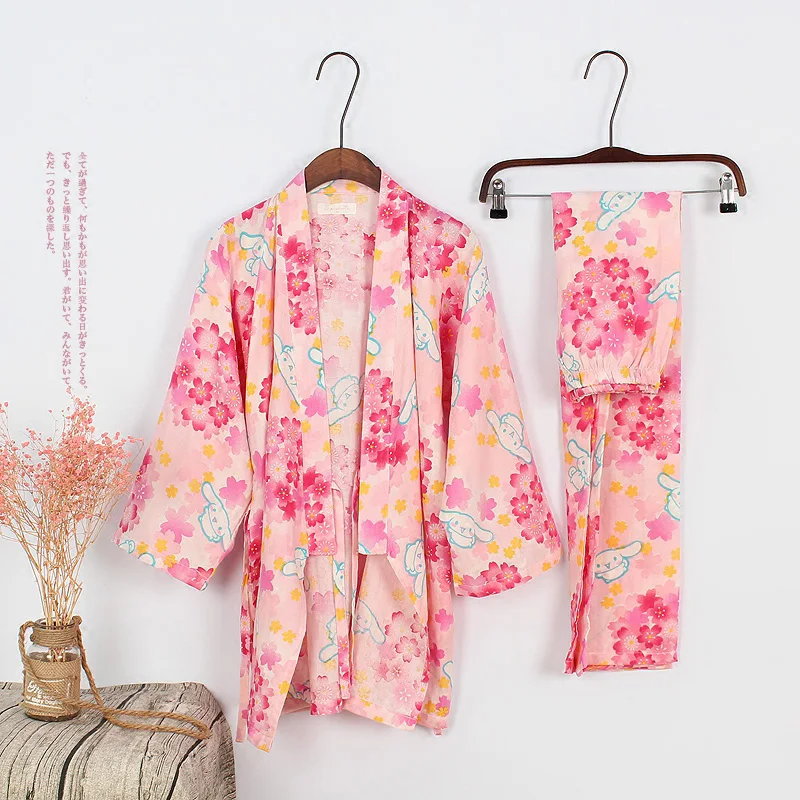 

Japanes Traditional Woman's Pink Cherry Blossom Pajamas Pants Set Kimono Yukata Sleep & Lounge Bathrobe Nightgown Leisure Wear