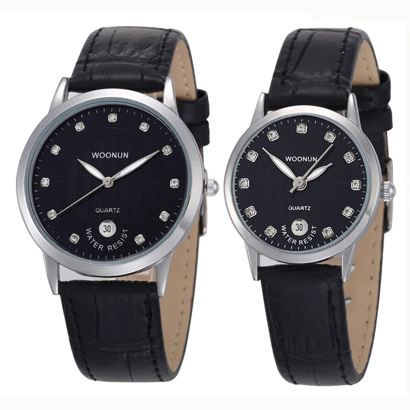 WOONUN-relojes de lujo para amantes, conjunto de correa de cuero con diamantes de imitación, relojes de pareja de cuarzo a la moda, envío directo
