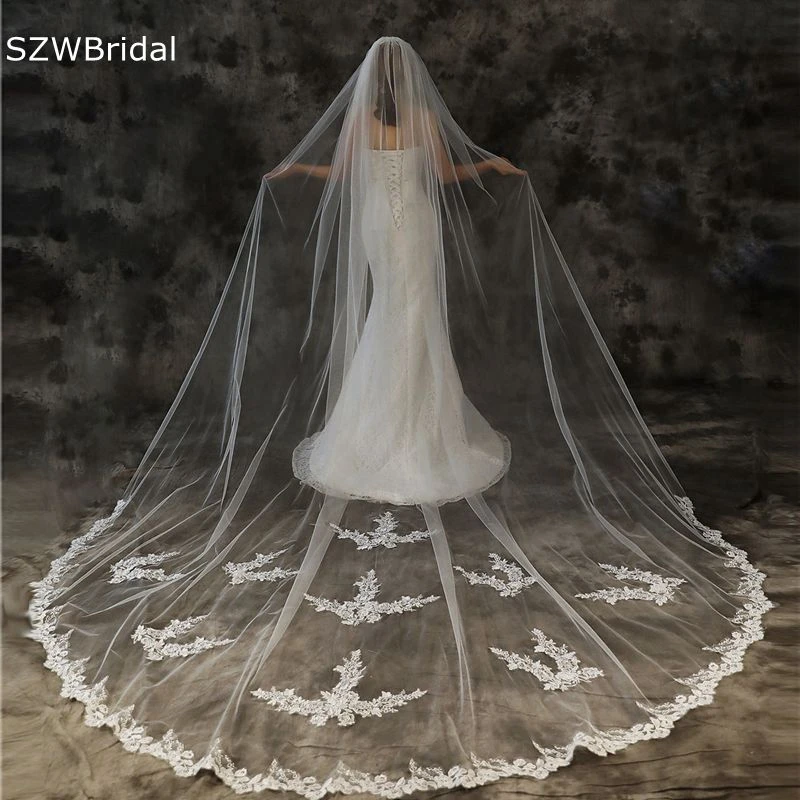 

New Arrival Ivory Cathedral Wedding Veils Long Lace Applique Bridal Veil with Comb Weeding accessoire Voile mariee Sposa Welon