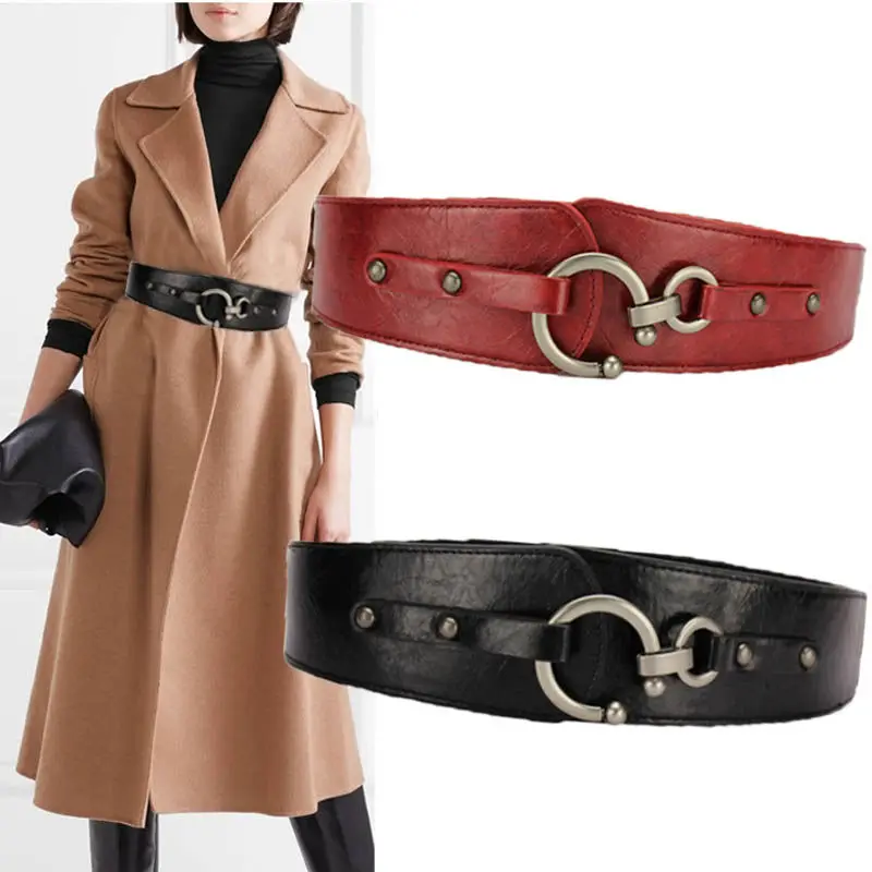 

Idopy Runway Black Leather Cummerbunds Female Woman Belt for Dress Wide Women'S Belts Punk Rivet Stretchy Dress Waistbands Lady