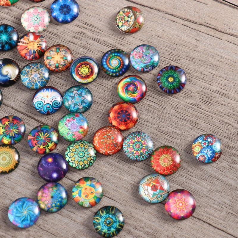 200PCS 12MM Time Glass Patch Vintage DIY Jewelry Accessories Delicate Round Shaped Mosaic Tiles Creative Patterns Printed Glass