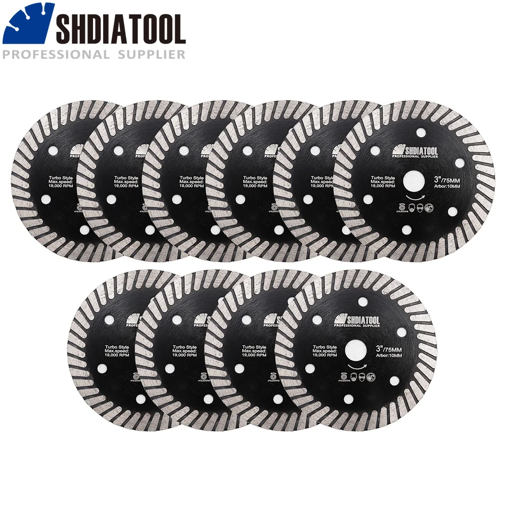 SHDIATOOL 10pcs/pk 75mm Diamond  Hot Pressed Ceramic Turbo Blade 3inch Saw Blade Fast Cutting Speed For  Porcelian Tile Blade