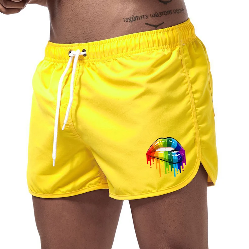 Summer Men\'s Shorts Lip Printing Sport Casual Fitness Breathable Training Drawstring Candy Colors Loose Male Beach Pants S-3XL