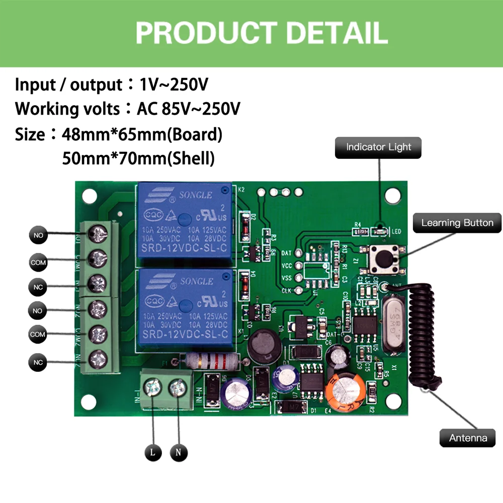 433Mhz Wireless Remote Control Switch AC 110V 220V 2CH Relay Receiver Module and RF Transmitter For For Garage Door Gate Motor