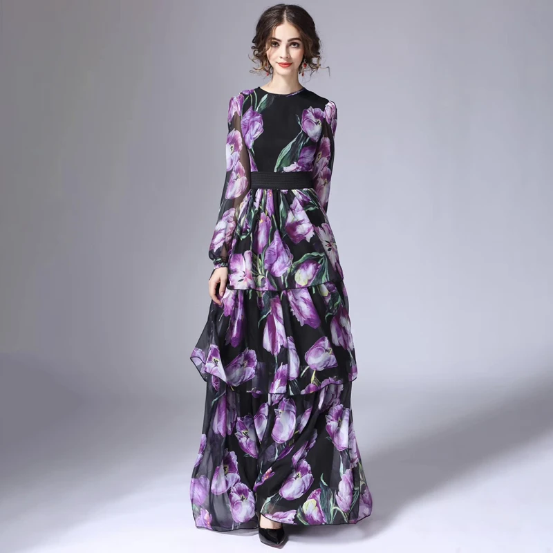 Luxury Designer High Quality Women’s Floral Print Chiffon Purple Maxi Long Sleeve Dress with Ruffles Runway Fashion 2024