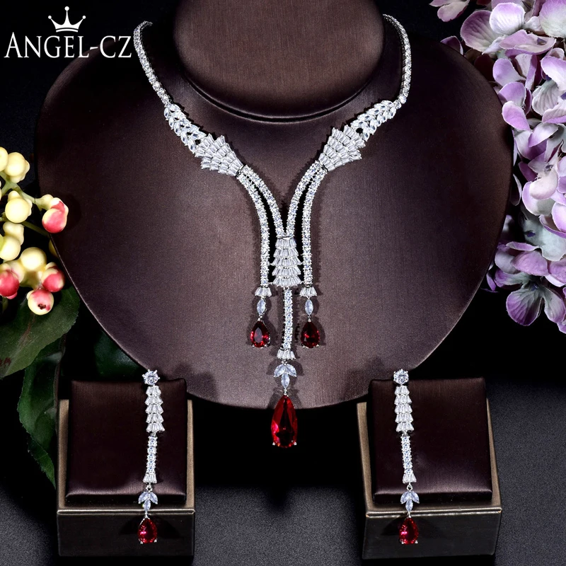 ANGELCZ Sparkling Red Cubic Zirconia Dangle Drop Long Tassel Wedding Earrings Necklace Dubai Jewelry Sets For Women Bridal AJ210