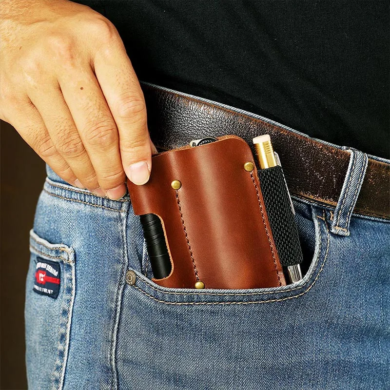 EASYANT Leather Sheath EDC Pocket Organizer Hollow Sleeve Tool Pouch for Flashlight