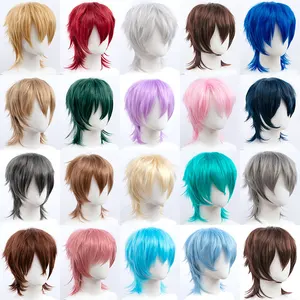 Peruca sintética curta masculina, peruca de corte de lobo com franja hashi para cosplay festa para homens mulheres rosa vermelho azul roxo estilo coreano 10 principais vendas wig com franja vermelha - №9