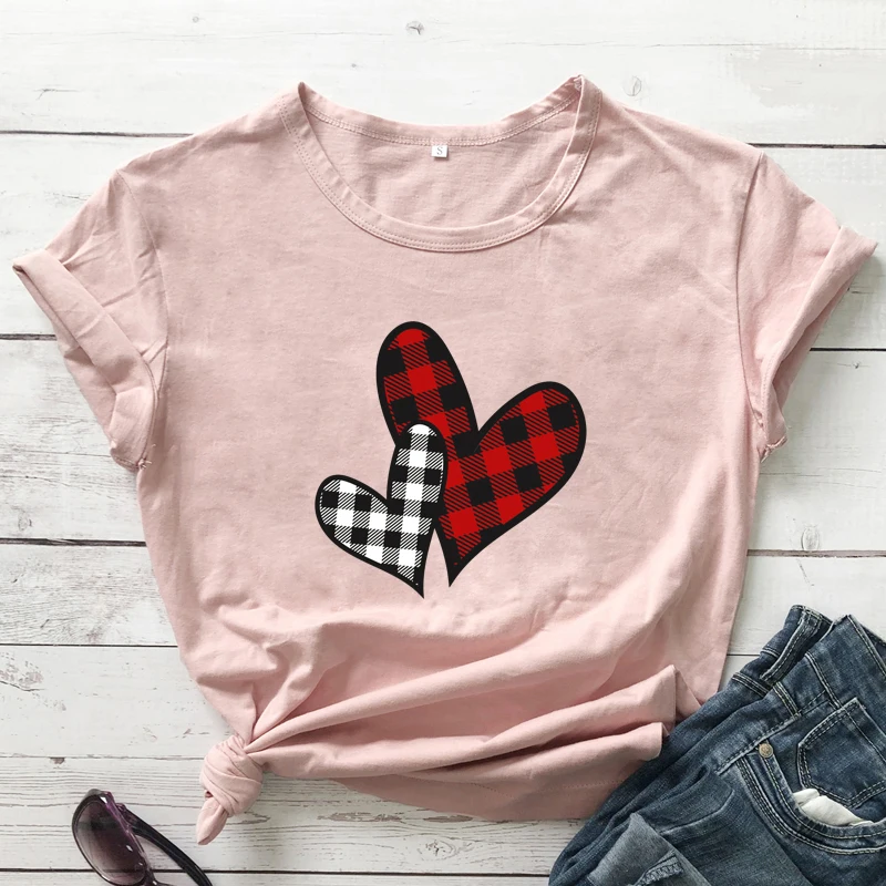 Vintage Buffalo Plaid Heart Valentines T-shirt Aesthetic Valentine's Day Gift Tshirt Cute Women Graphic Valentine Tee Top