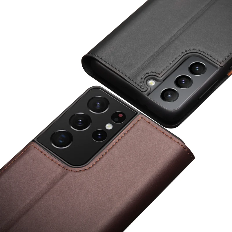 QIALINO Genuine Leather Bag Phone Case for Samsung S21+ Plus 5G Business Style Fashion Luxury Card Slots Flip Cover for S21Ultra