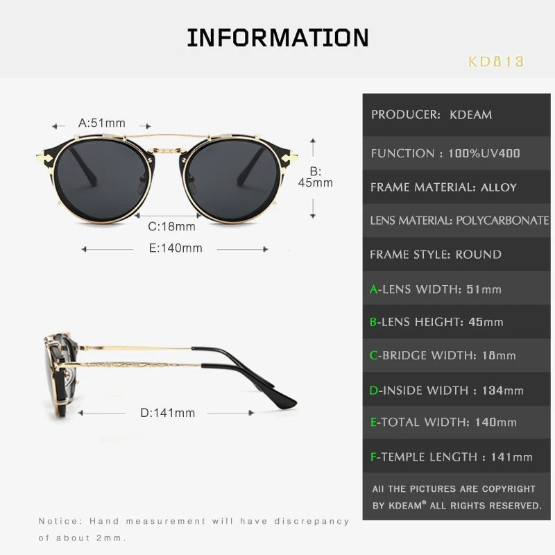 Kdeam Steam punk Clip On Sunglasses for Men  Brand Designer Round Sun Glasses Women Baroque Carved  Metal Legs  with Box