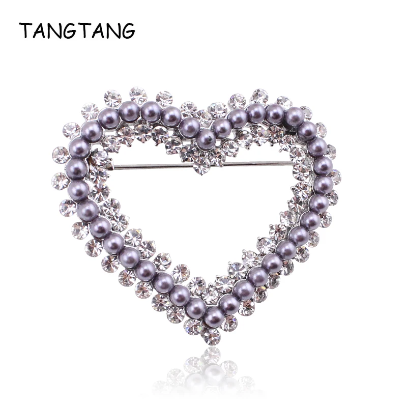 TANGTANG Heart Brooch Romantic Beaded Handmade Brooches For Women Elegant Simulated Pearl Rhinestone Pin Brooch Jewelry Wedding