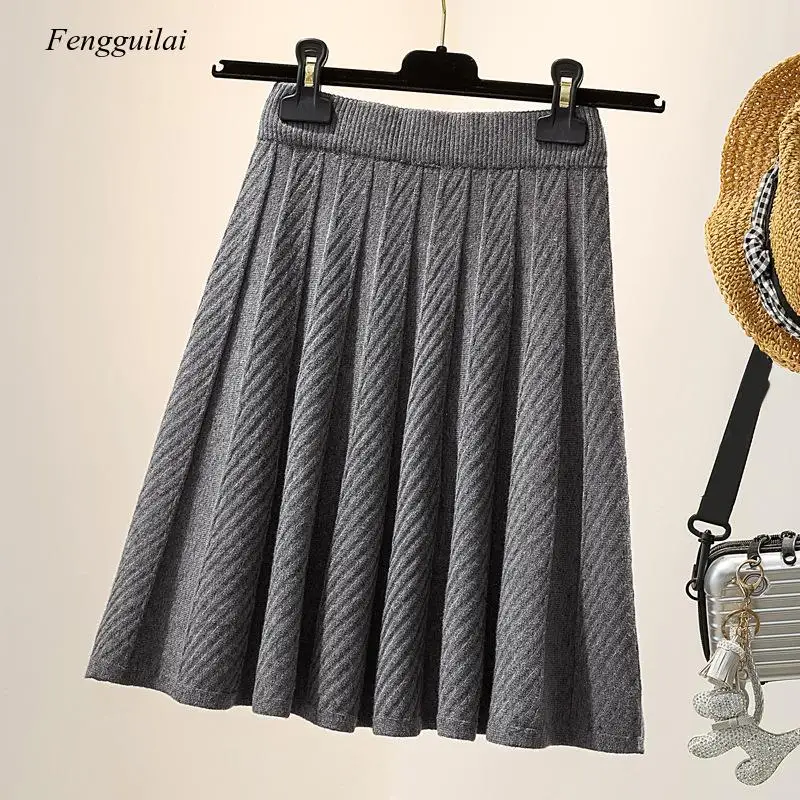 New Autumn Winter Knit Pleated Women Umbrella Strechable High Waist Above Knee Skirt