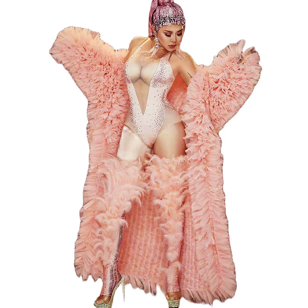 

Pink Feathers Hollow Out Three-Piece Suit Sexy Shining Rhinestones Elegant Festival Outfit Women Party Evening Costume