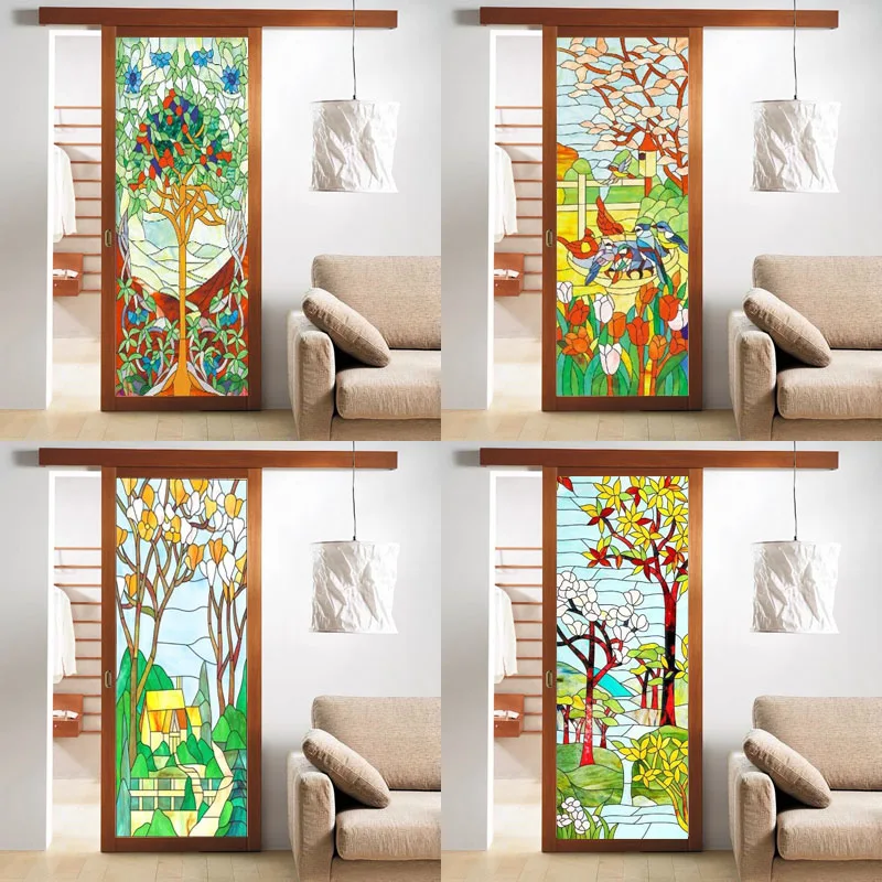 Custom Size Window Stained Glass Films,Static Cling Reusable Stickers Church Tree Poster, For Bathroom Kitchen Door Home Decor