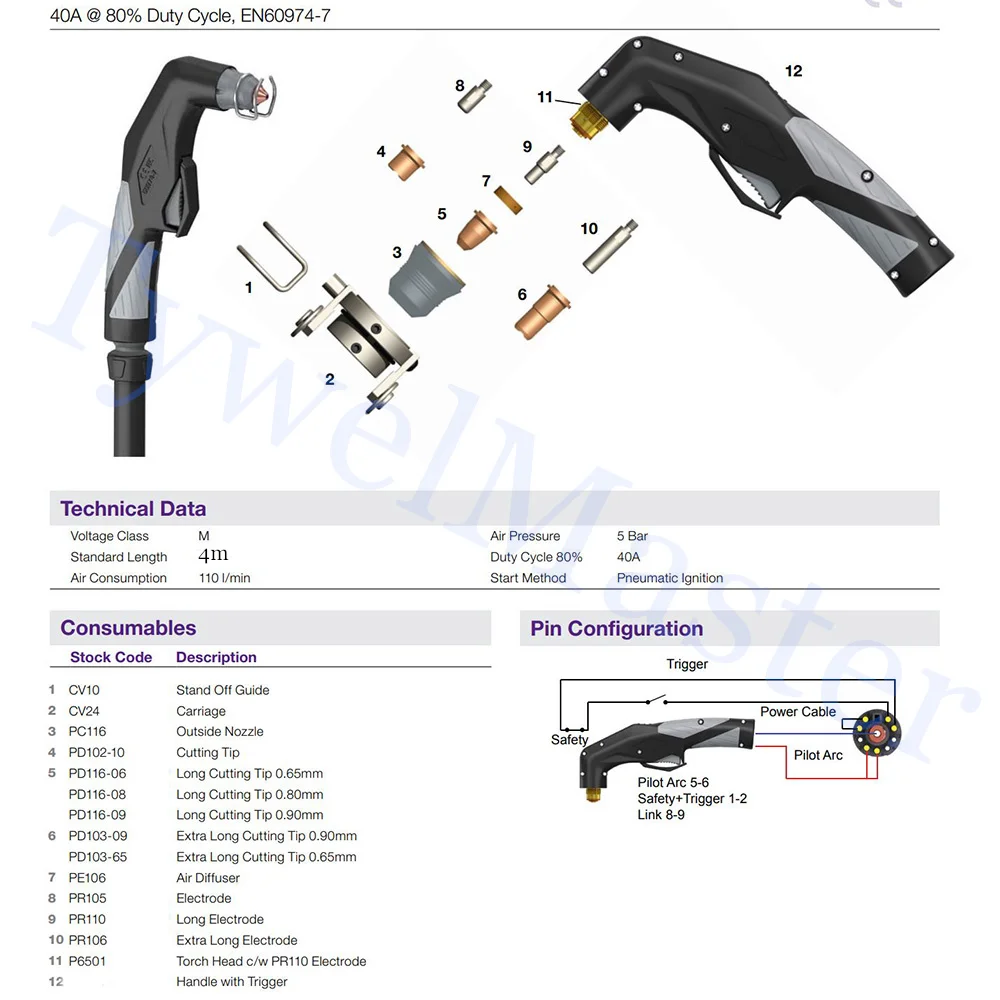 40A S45 Plasma Cutting Torch No HF 4m 13ft Pneumatic Ignition Without HF Professional Metal Cutter