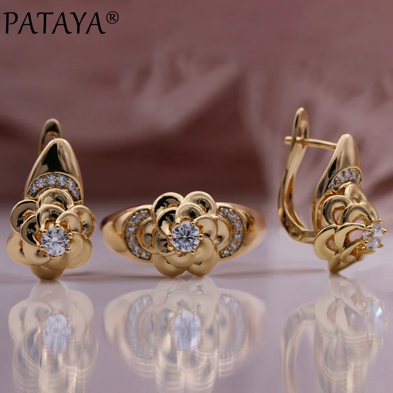 PATAYA New Metal Flower Earrings Ring Set 585 Rose Gold Color Wedding Creative Fashion Jewelry Natural Zircon Unusual Women Sets