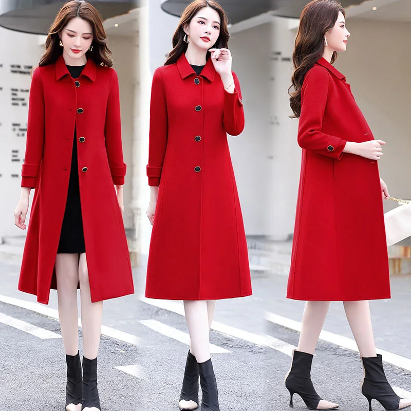 New high-quality wool coat long single-breasted  black red navy blue jacket with lining