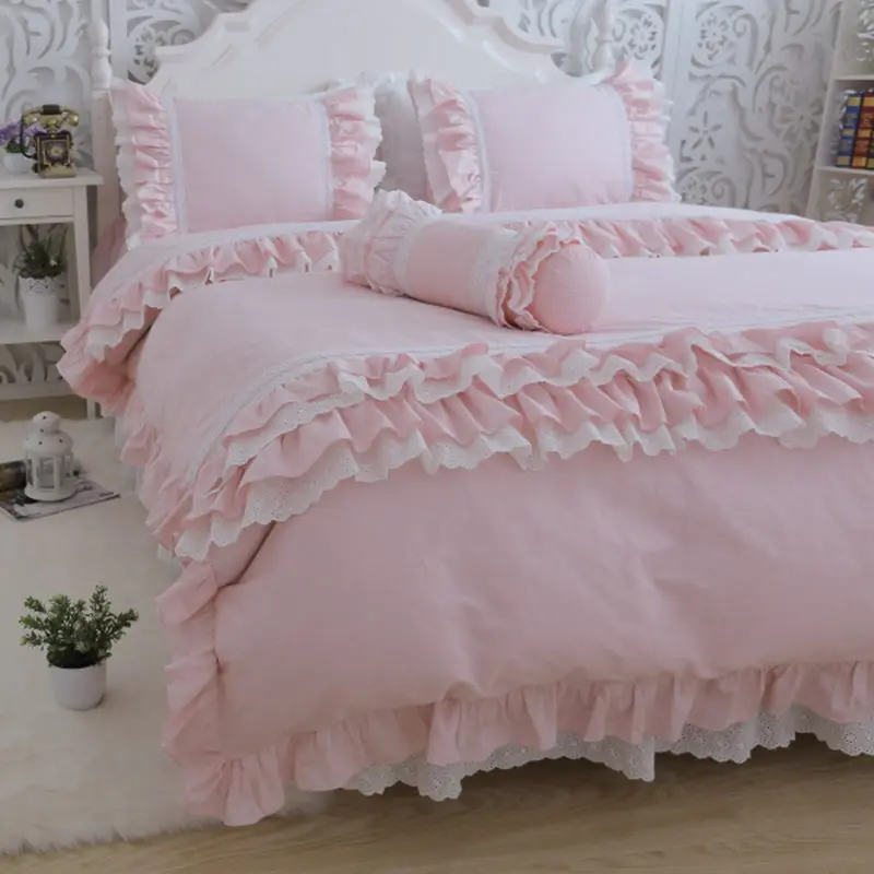 Amazing luxury bedding set pink queen lace ruffle lace duvet cover bedspread bedskirt princess bed linen pillow case HM-010P