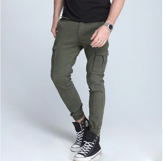 2020 New men's pants Elastic foot close Skinny Pants Tactical military Men's Cargo Pants Multi-pocket Overalls (No Belt)