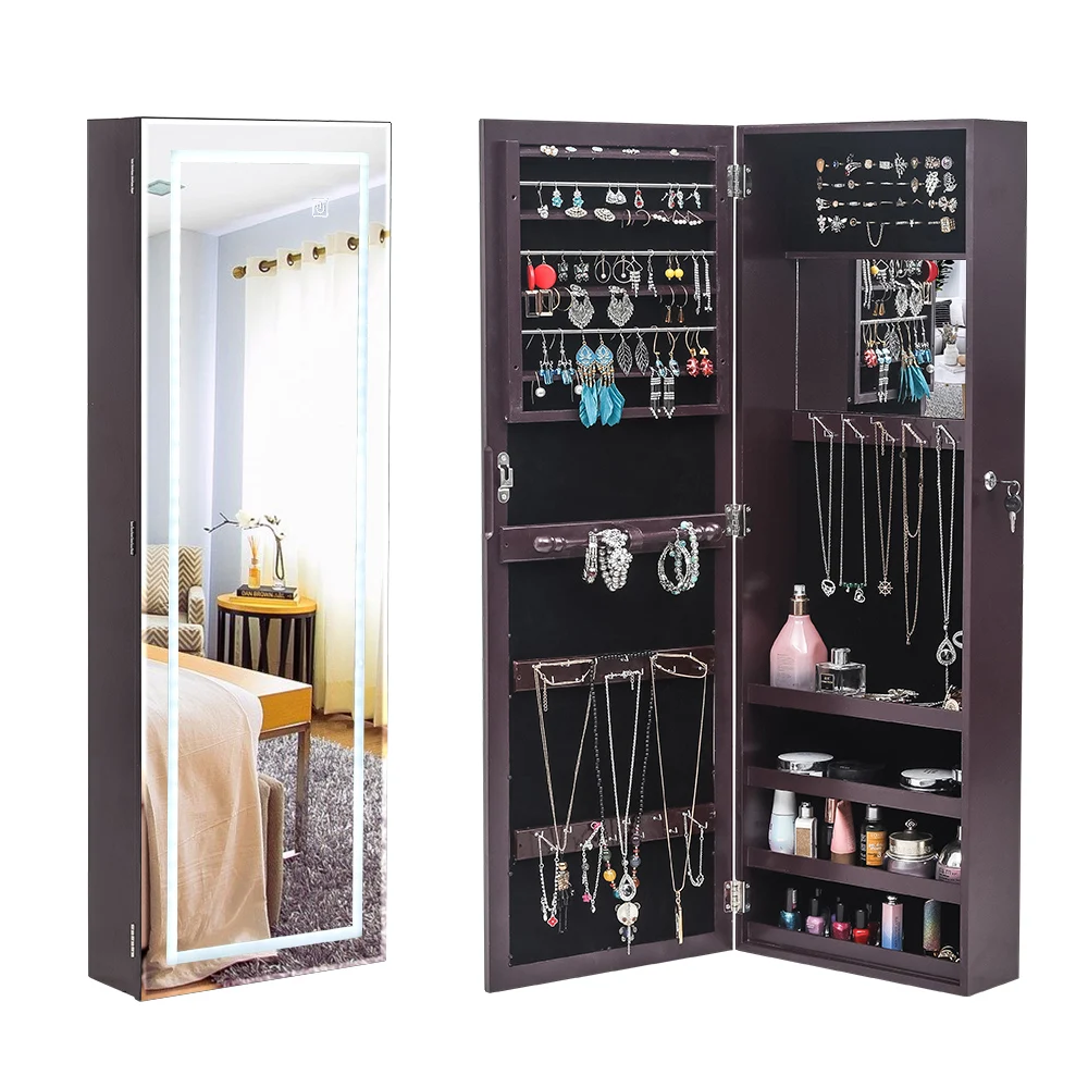 Full Mirror Wooden Wall Mounted 4-Layer Shelf With Inner Mirror 3-Color LED Light Jewelry Storage Mirror Cabinet - Dark Brown