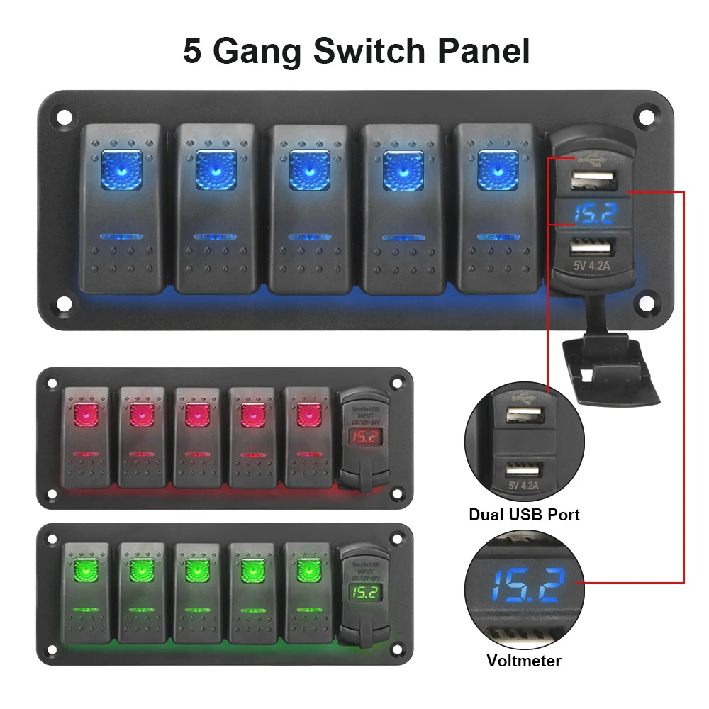 5 Gang Rocker Switch Panel Digital Voltage Display Dual USB Port 4.2A Outlet Combination Waterproof for Marine Car Truck